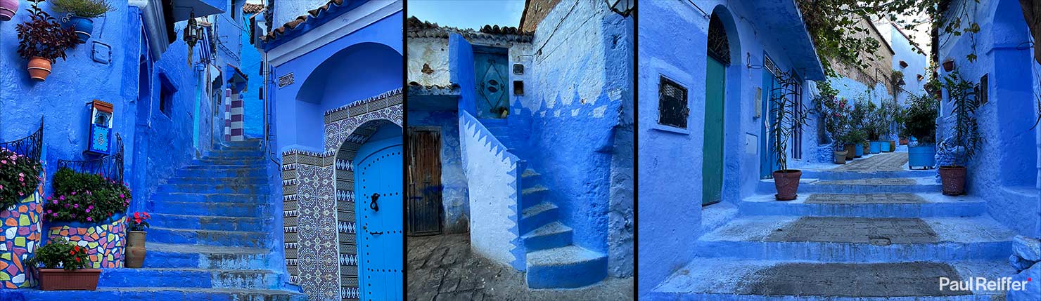 Famous Blue Steps Chefchaouen Morocco Locations Early Morning Empty Flower Pots City Street Panoramic Paul Reiffer Photographer iPhone Travel Photography Apple Landscape