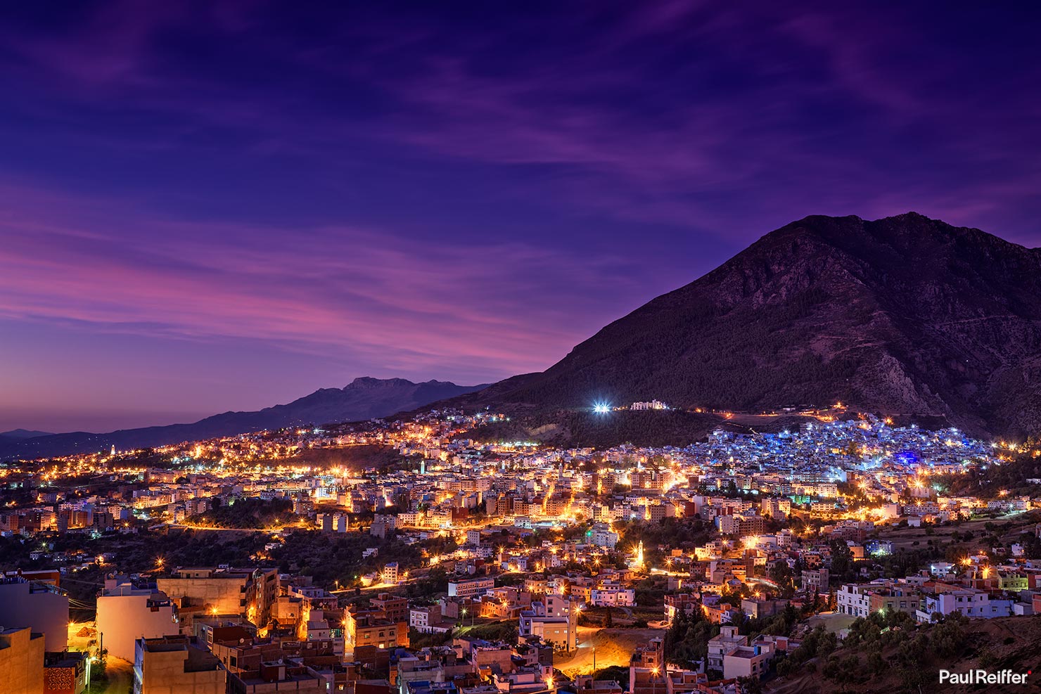 Morocco Chefchaouen Blue Hour Dusk Mountain Blue Sky Pink Lights City Cityscape Chaouen Visit Panorama Mountain Foothills Medina Minarets Paul Reiffer Photographer