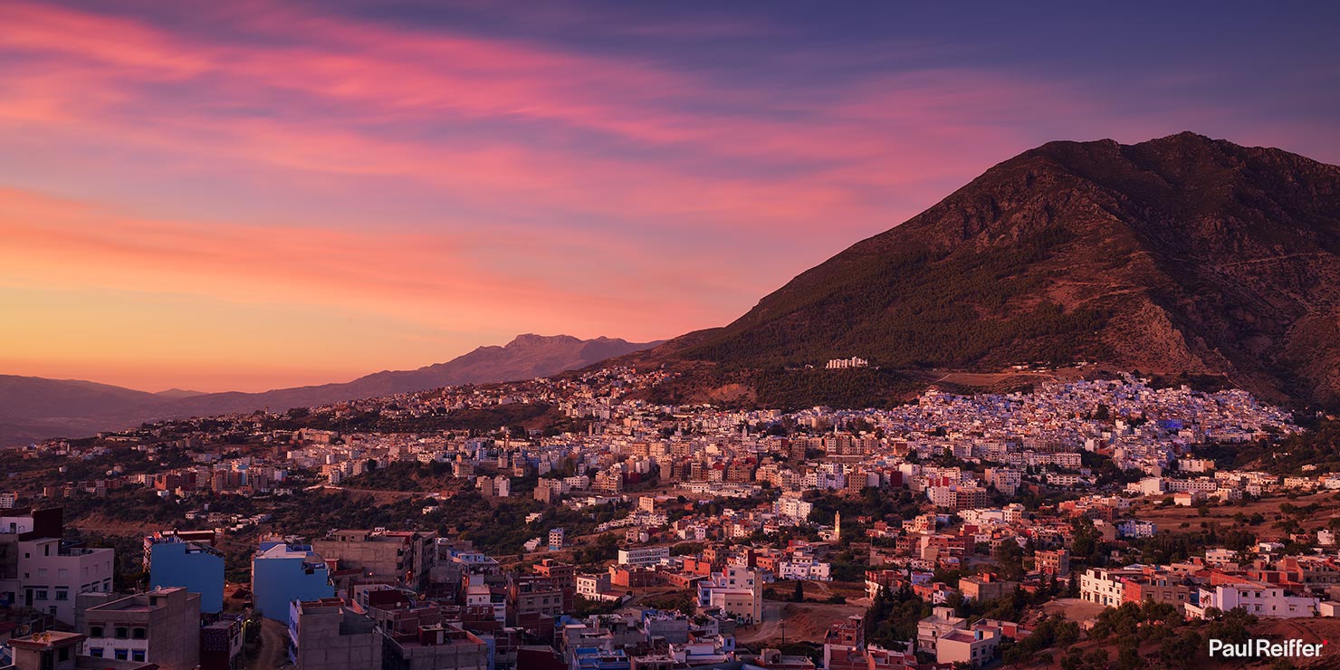 Morocco Chefchaouen Sunset Vivid Sky Rooftop Mountain Blue Sky Pink Lights City Cityscape Chaouen Visit Panorama Mountain Foothills Medina Minarets Paul Reiffer Photographer