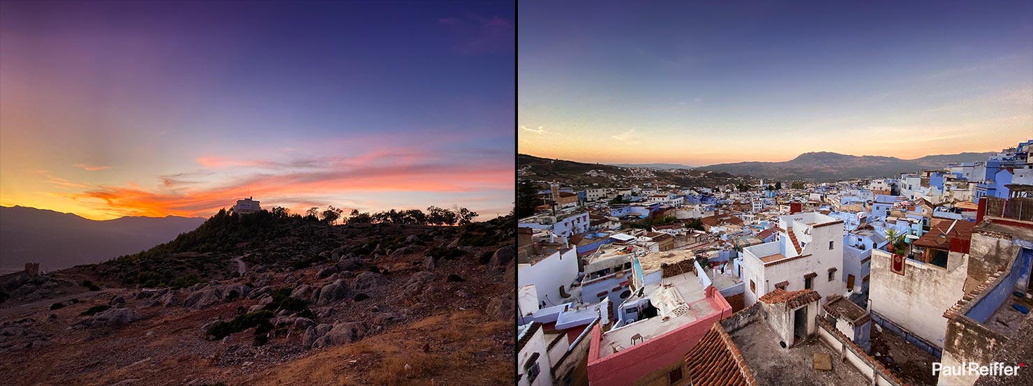 Morocco Sunset Sunrise View Rooftop Chefchaouen Blue City Dusk Mountain Sky Pink Lights City Cityscape Chaouen Visit Panorama Mountain Foothills Medina Minarets Paul Reiffer Photographer