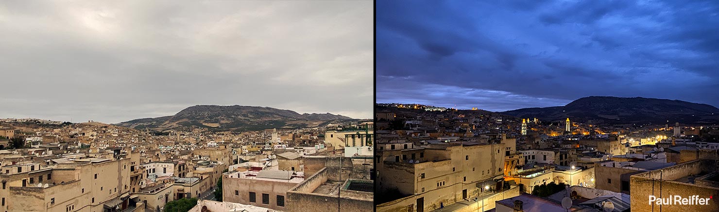 View Panoramic Day Night Fes Morocco Fez City Fort Old Towers Lights Minarets Skyline Rooftop Riad Maya Paul Reiffer iPhone Photography Travel Destination Explore Visit