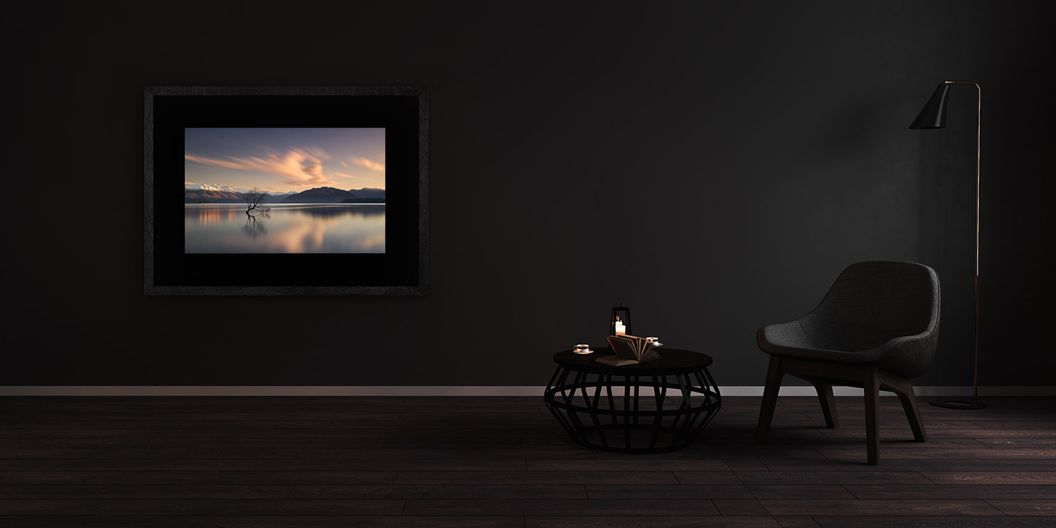 presence Lake Wanaka Tree Mountains New Zealand buy limited edition photograph landscape Full Solid Wood Black Frame Complete Image Paul Reiffer Apartment 07 Dark Black Solid Wood Frame Paul Reiffer