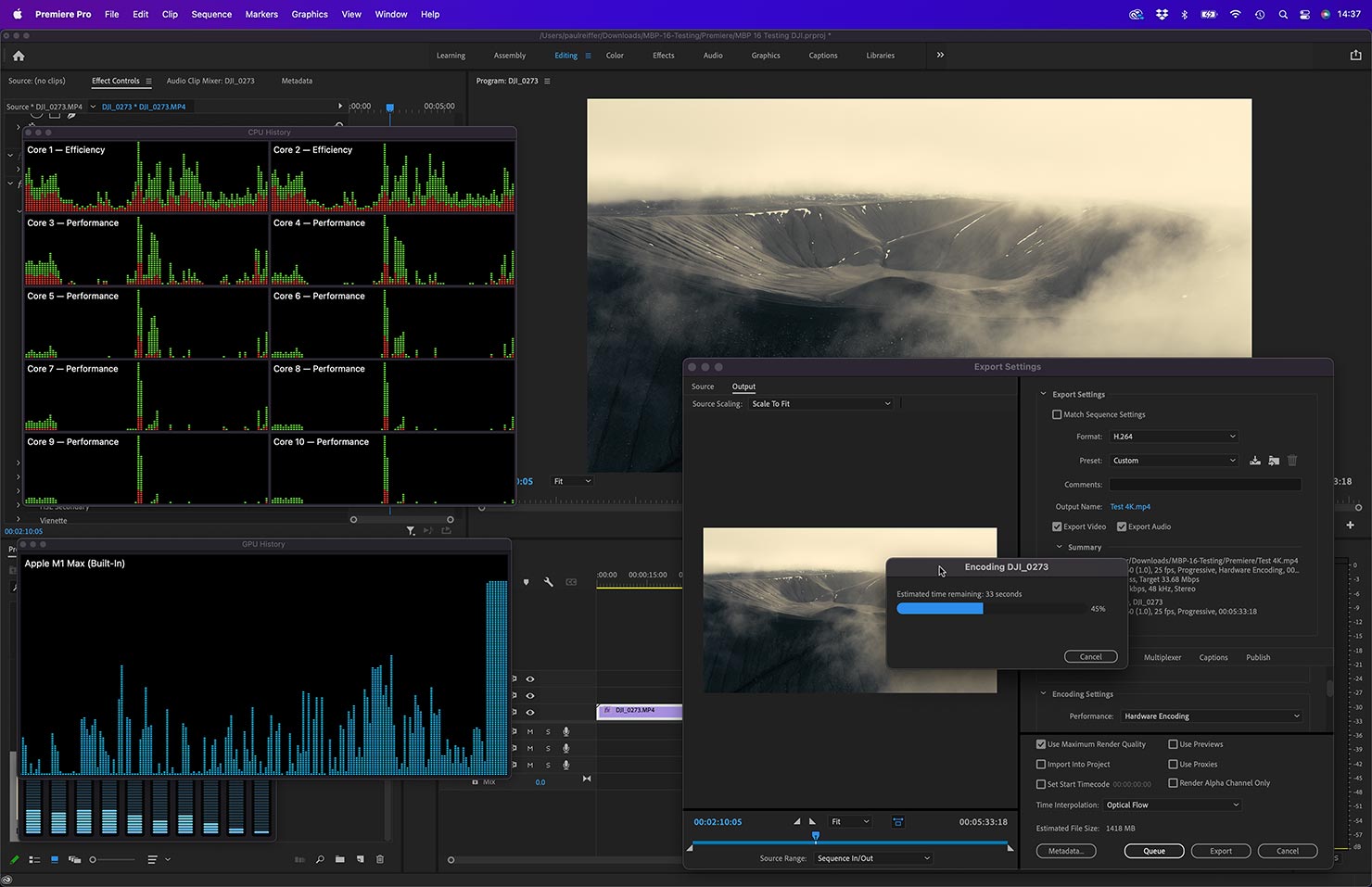Adobe Premiere Pro 4k Export Speed Output 16 Inch 64GB 150MP Phase One Apple M1 MacBook Pro 16 14 inch Max Launch Release Paul Reiffer Testing Benchmark