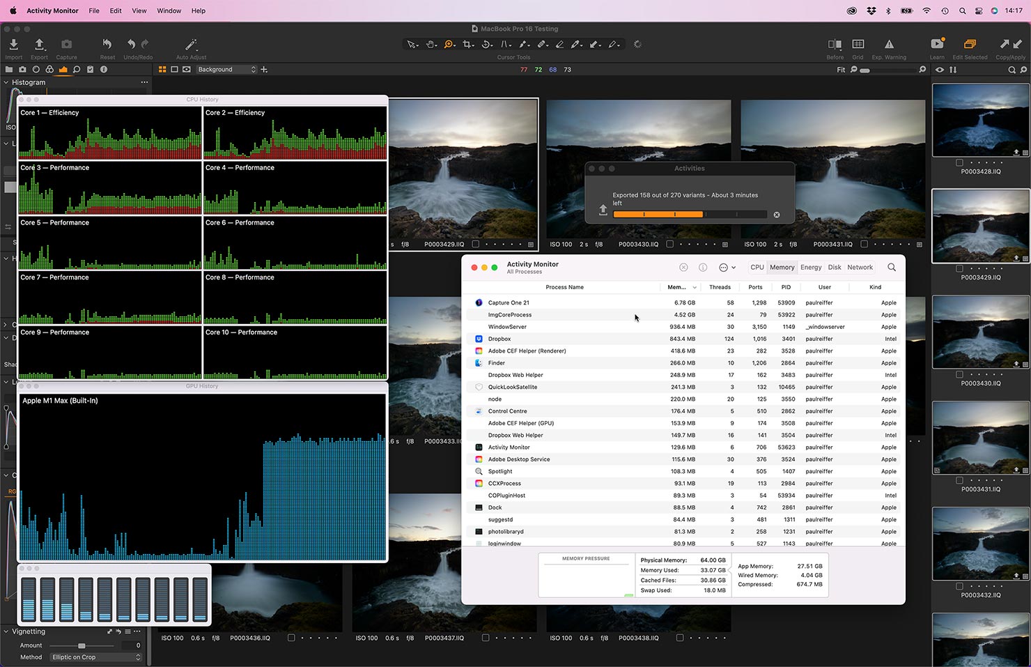 Export Images Capture One 16 Inch 150MP Phase One GPU 10 Core Apple M1 MacBook Pro 16 14 inch Max Launch Release Paul Reiffer Testing Benchmark