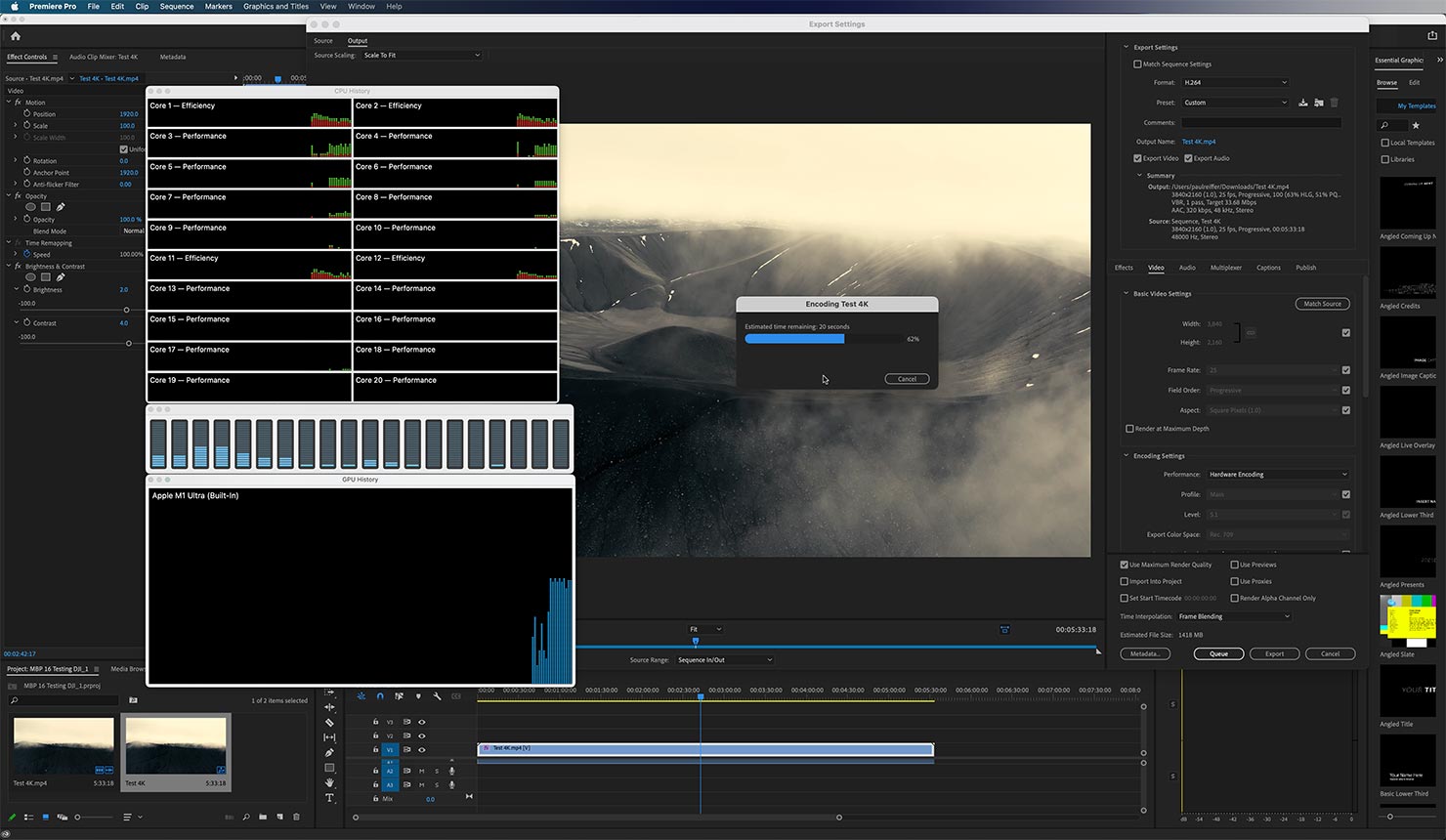 Adobe Premiere Pro Apple Mac Studio M1 Ultra Export Test 4K HDR VBR Speed Footage Grading Media Encoder Output Comparison Paul Reiffer
