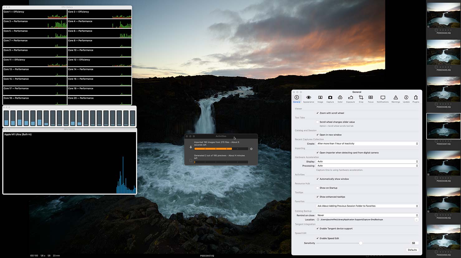 Capture One Import Speed Test Apple Mac Studio M1 Ultra Max 20 Core CPU GPU Comparison Phase One Raw File Benchmark Intel Compare Difference Paul Reiffer Screen Photography