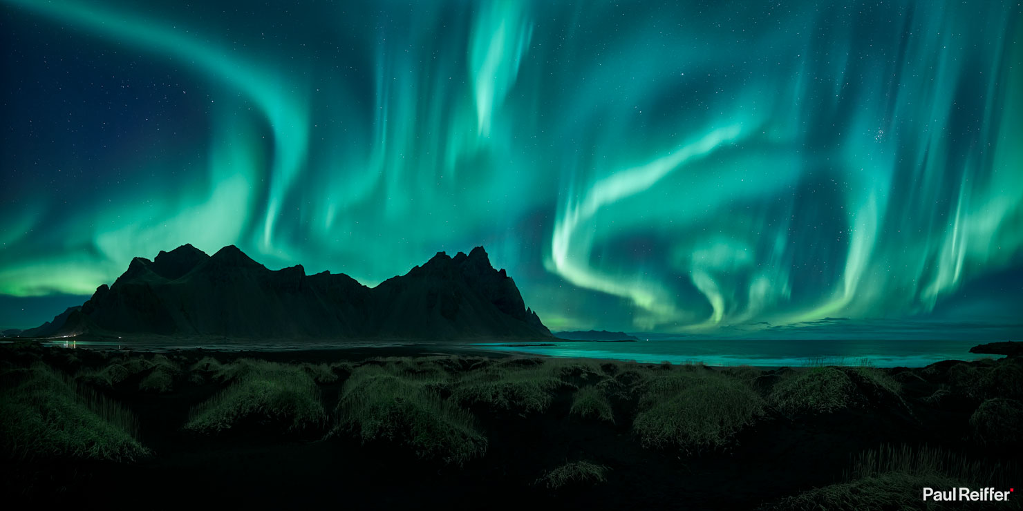 Night Sky Aurora Iceland Hofn Vestrahorn Mountain Northern Lights Reflection Panoramic Paul Reiffer Photographer