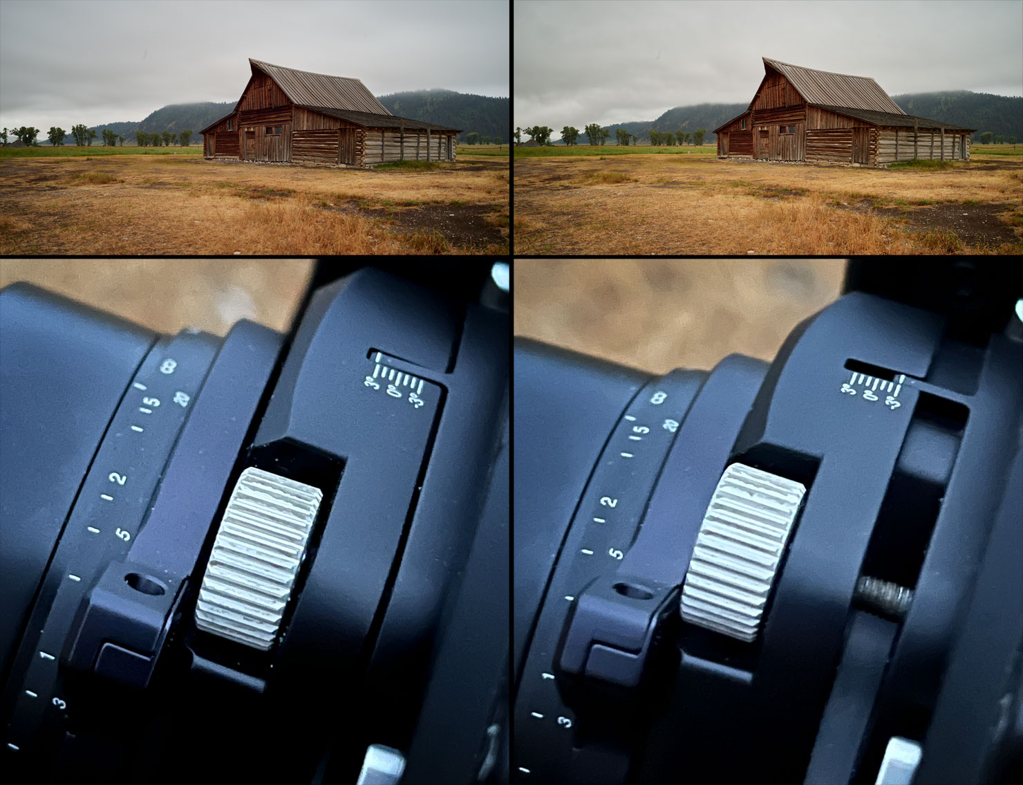 Compare Tilt Lens Rodenstock 40mm minus plus 3 degrees Phase One XT Detail Barn Mormon Row Paul Reiffer Photographer Wyoming Image Focus Focal