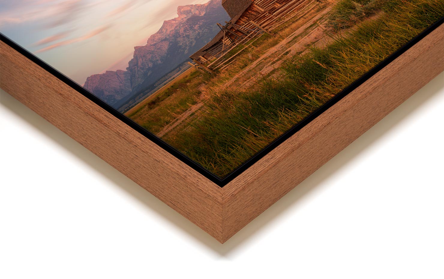 Homestead Moulton Barn Wyoming Jackson Mormon Row Sunrise buy limited edition photograph landscape Full Dark Floating Tray Frame Solid Wood Acrylic Paul Reiffer