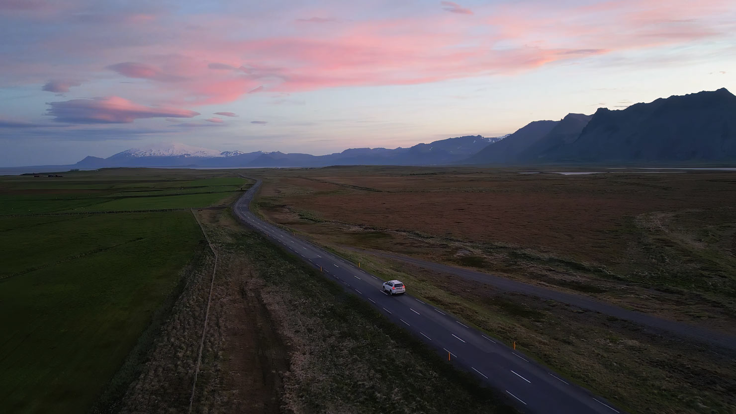 Video Film Still Driving Road Pink Sky Drone Paul Reiffer Capture One iPad Iceland Midnight Sun Shoot Behind The Scenes BTS Filming Phase One