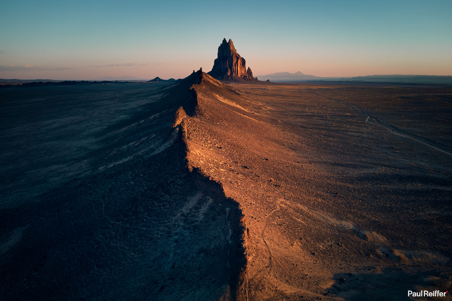 Blockbuster Dawn Aerial Drone Shot DJI Sunrise ShipRock Ship Rock New Mexico NM winged rock peak volcanic wall high desert plain paul reiffer phase one photographer landscape tribal Navajo Nation