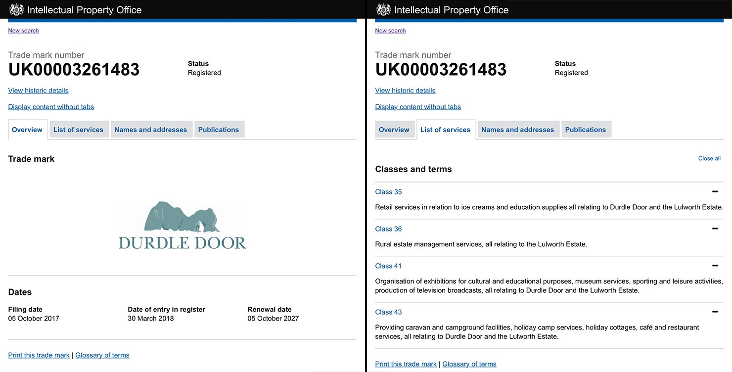 Durdle Door Holiday Park Logo Lulworth Dorset Registered Trademark Company Licensing Photographers Illegal Use Commercial Images Shape Name Untrue IPO UK