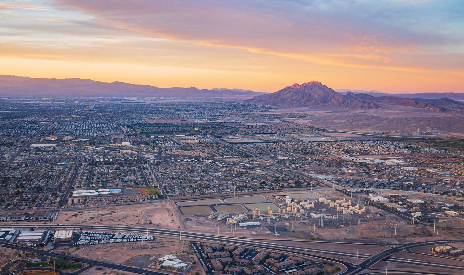 Las Vegas Sunset Aerial View With Mountain. Viewed From Top Of