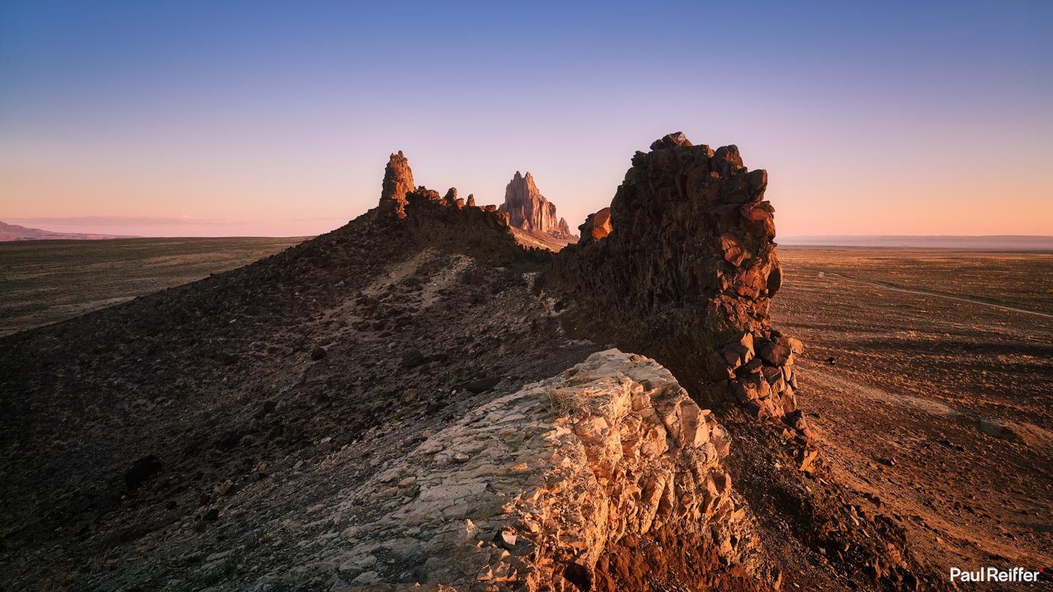 Pano Dawn Sunrise Top ShipRock Ship Rock New Mexico NM winged rock peak volcanic wall high desert plain paul reiffer phase one photographer landscape tribal Navajo Nation