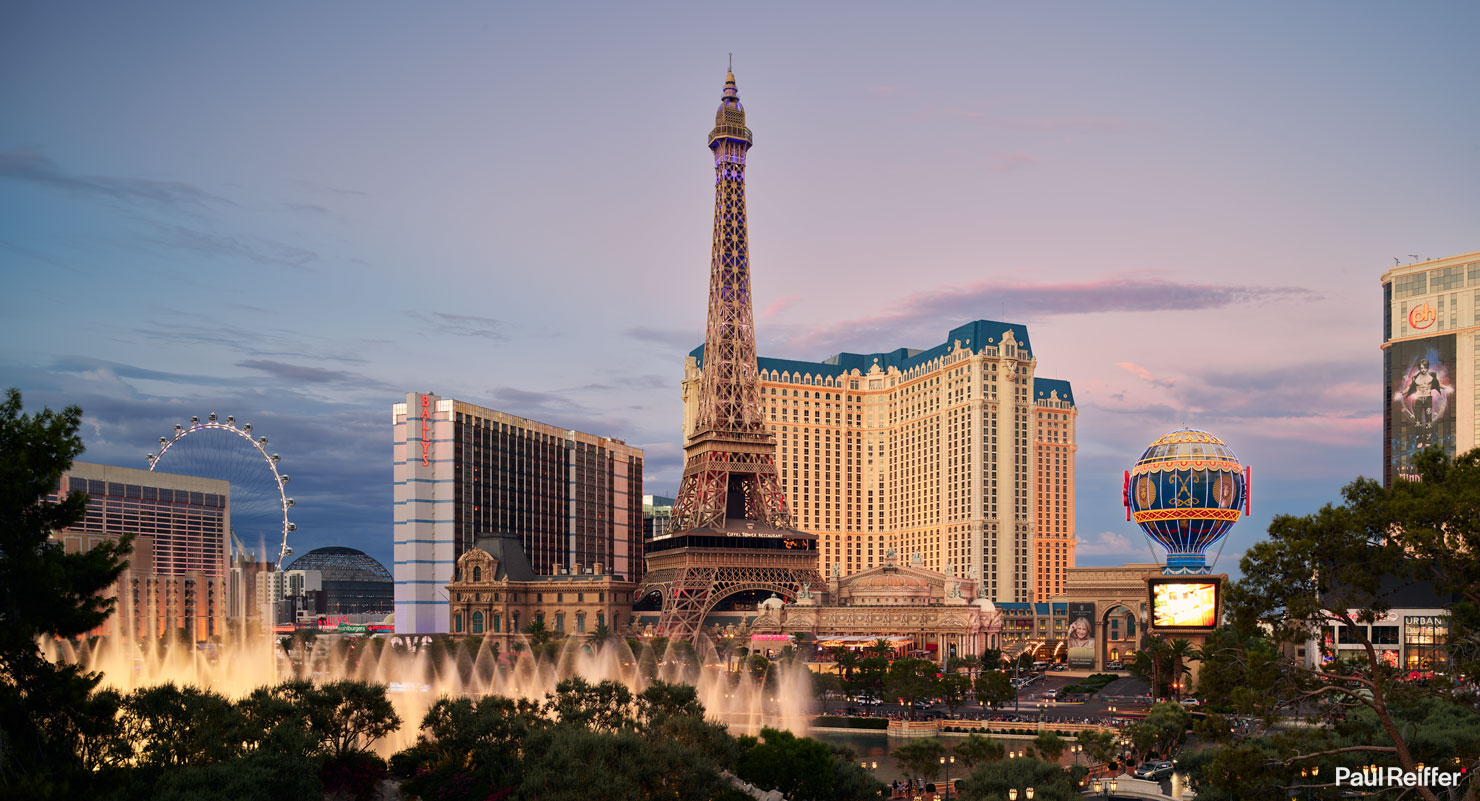 Paris Las Vegas Bellagio Fountains Golden Hour Dusk Sunset Strip Panoramic Medium Format Photography Ballys Sky Eiffel Tower Paul Reiffer Commercial Photographer