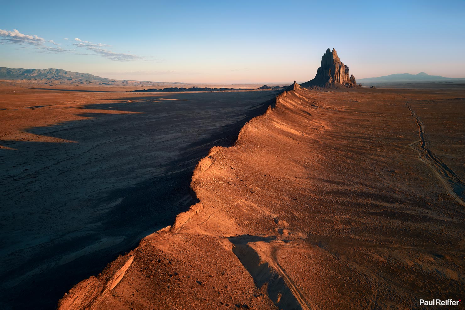 Wide Dawn Aerial Drone Shot DJI Sunrise ShipRock Ship Rock New Mexico NM winged rock peak volcanic wall high desert plain paul reiffer phase one photographer landscape tribal Navajo Nation