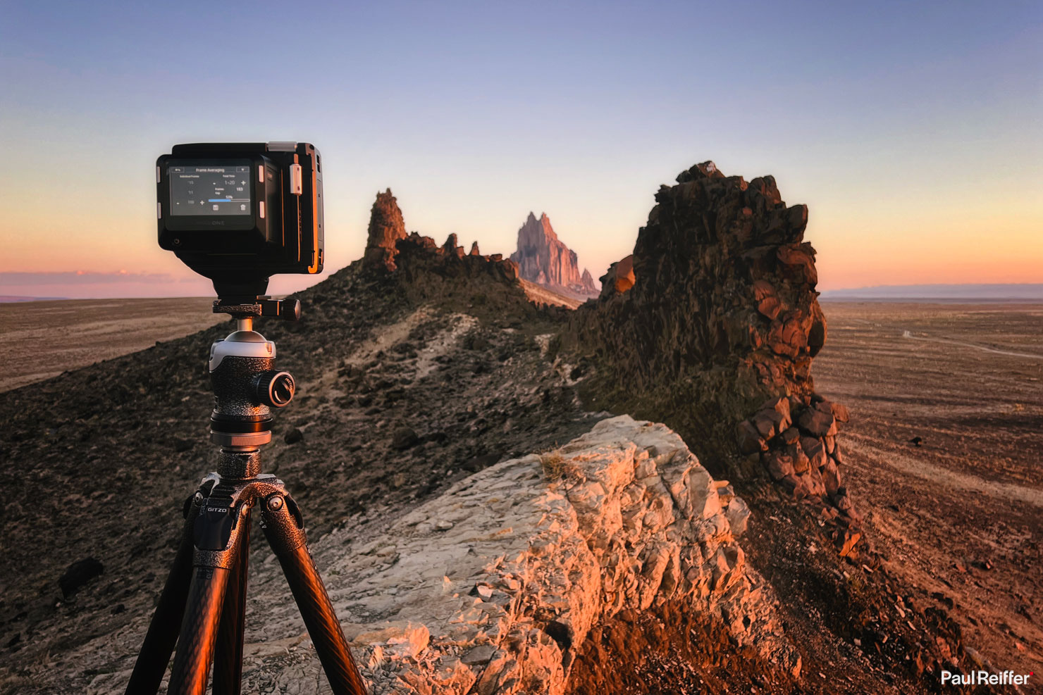 iPhone 14 Pro BTS Behind Scenes Tripod Camera ShipRock Ship Rock New Mexico NM winged rock peak volcanic wall high desert plain paul reiffer phase one photographer landscape tribal Navajo Nation