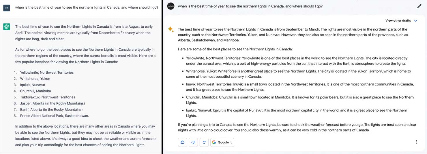 Canada Aurora Chat Bot Ideas Generation Travel Itinerary Plans Photographers Landscape How To Use AI Images Good Bad Review Bard Bing ChatGPT Guide Paul Reiffer