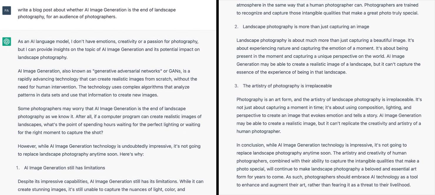 ChatGPT OpenAI Writing Blog Post On Landscape Photography Being Overtaken By Artificial Intelligence GPT Chat Bot Microsoft Paul Reiffer