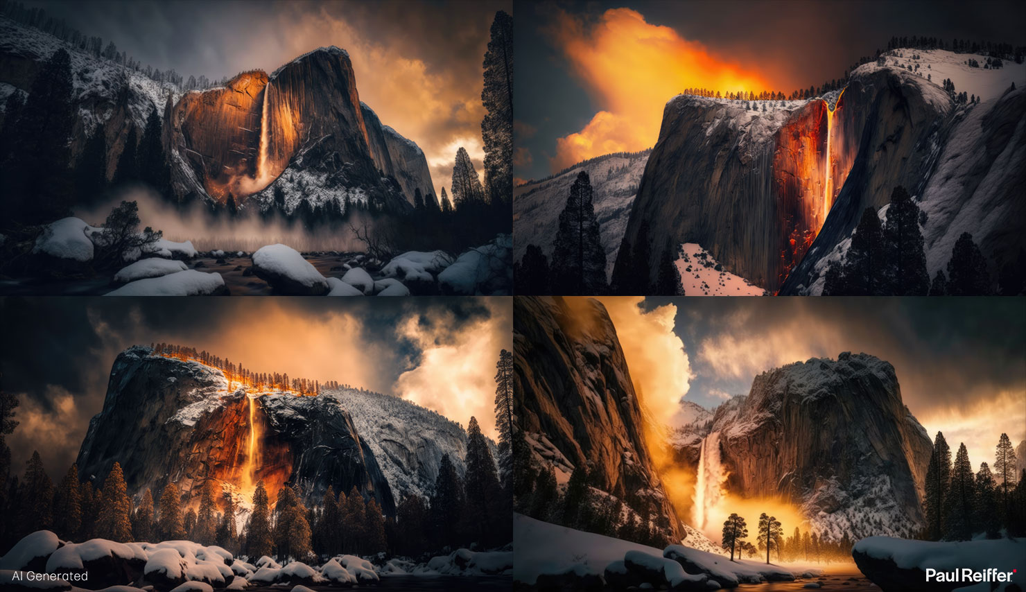 Firefall Yosemite Fantasy Examples Options Sunset Fire Fall Midjourney Imagine Split Photographers Landscape How To Use AI Images Good Bad Review Bing ChatGPT Guide Paul Reiffer