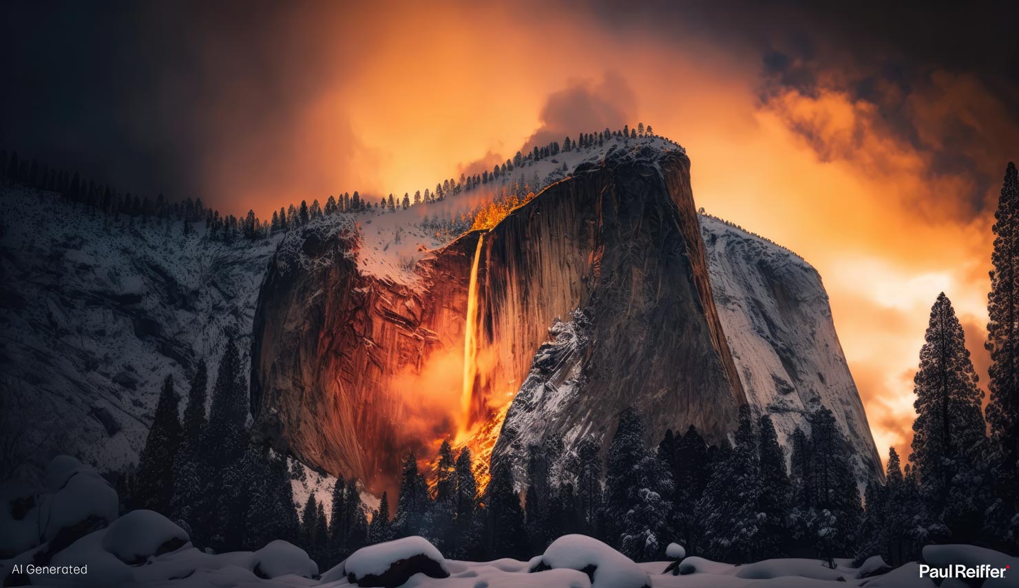 Firefall Yosemite Fantasy Examples Options Sunset Fire Fall Midjourney Imagine Split Photographers Landscape How To Use AI Images Good Bad Review Bing ChatGPT Guide Paul Reiffer