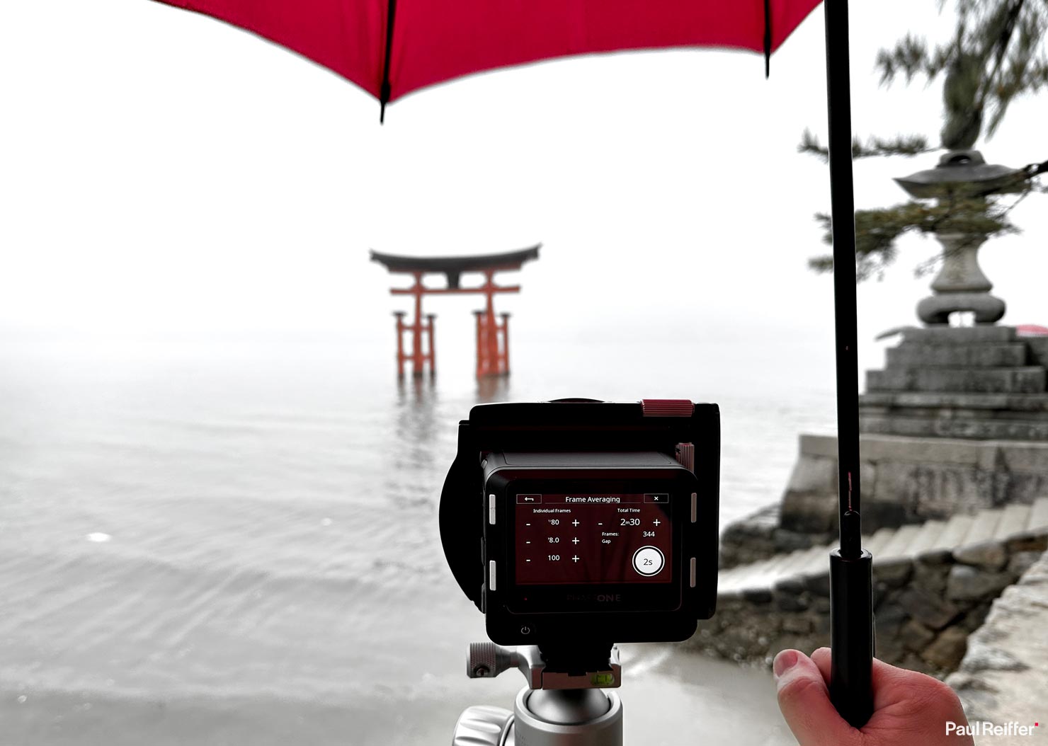 Holdng Umbrella BTS Behind Scenes Rain Fog Hiroshima Miyajima Island Japan Itsukushima Torii Floating Gate Landscape Photography Paul Reiffer Phase One Fine Art Print