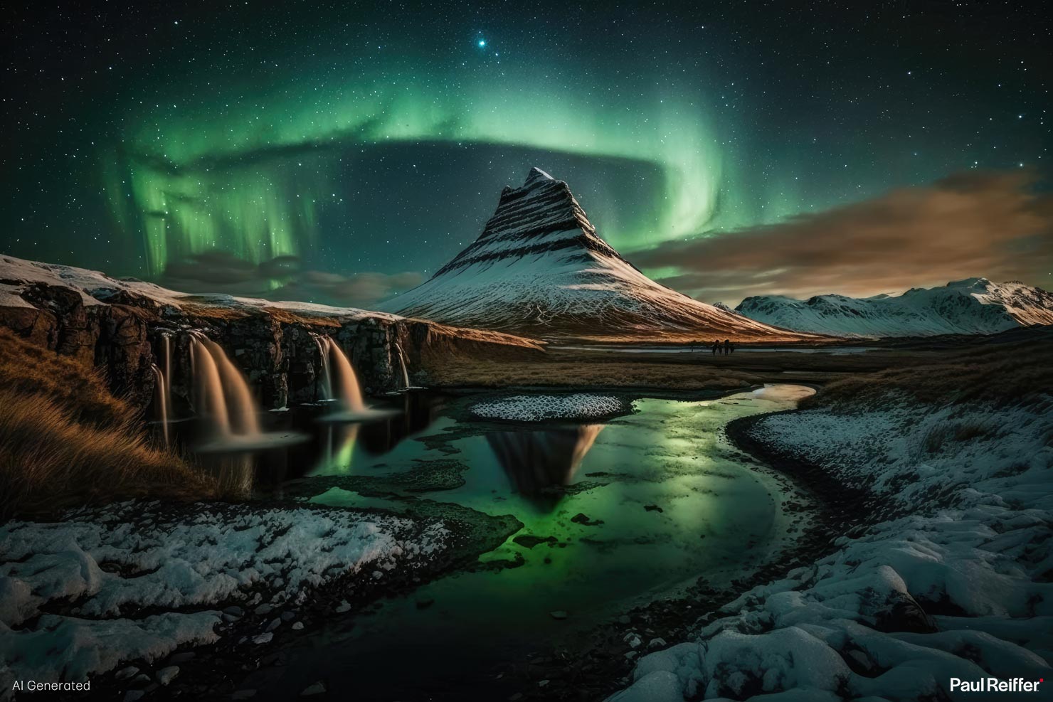 Kirkjufellsfoss Main Northern Lights Aurora Midjourney Fantasy Snow Waterfall Photographers Landscape How To Use AI Images Good Bad Review Bard Bing ChatGPT Guide Paul Reiffer