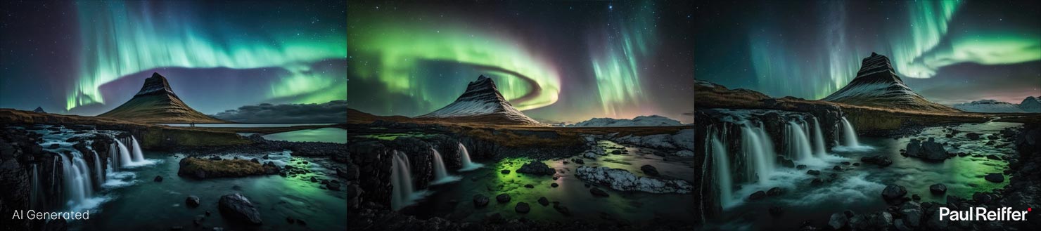 Kirkjufellsfoss Northern Lights Aurora Midjourney Variants Fantasy Snow Waterfall Photographers Landscape How To Use AI Images Good Bad Review Bard Bing ChatGPT Guide Paul Reiffer