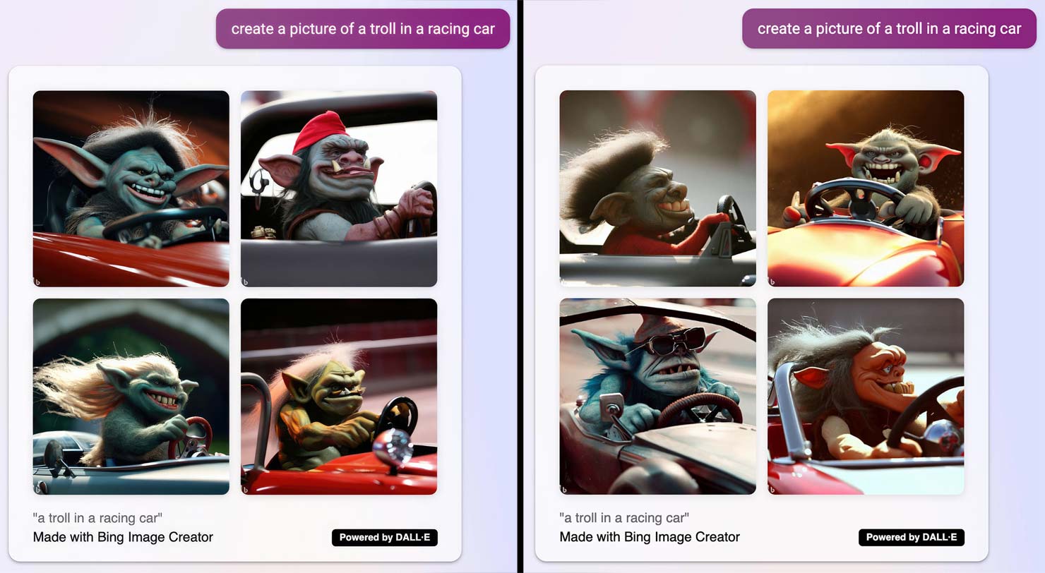 Troll Race Car Image Creator Dall E Fun Photographers Landscape How To Use AI Images Good Bad Review Bard Bing ChatGPT Guide Paul Reiffer