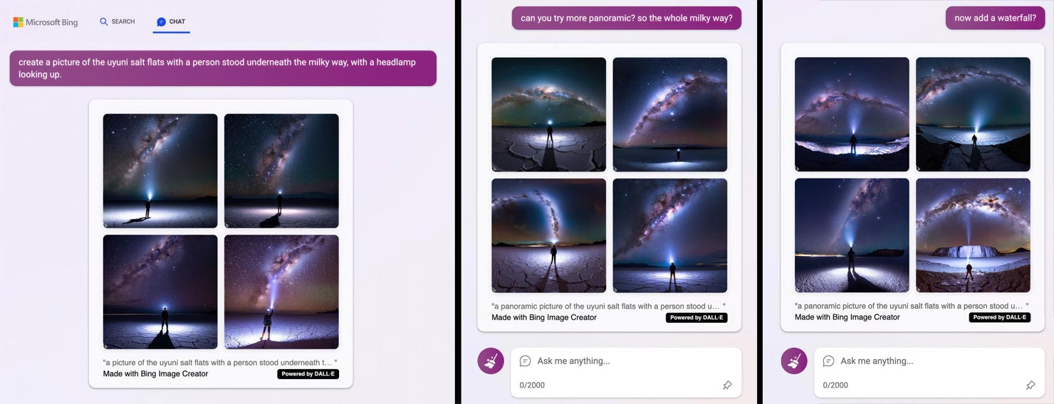 Uyuni Milky Way Question Waterfall Progress Dall E Image Create Make Chat Photographers Landscape How To Use AI Images Good Bad Review Bard Bing ChatGPT Guide Paul Reiffer
