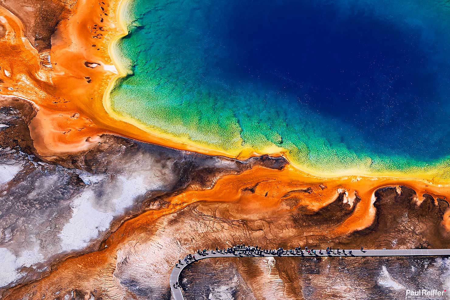 Crop People 1 Grand Prismatic Spring Walkway Yellowstone GPS Aerial Heli Helicopter Shoot Paul Reiffer Phase One XT Medium Format Digital Back 138mm Rodenstock