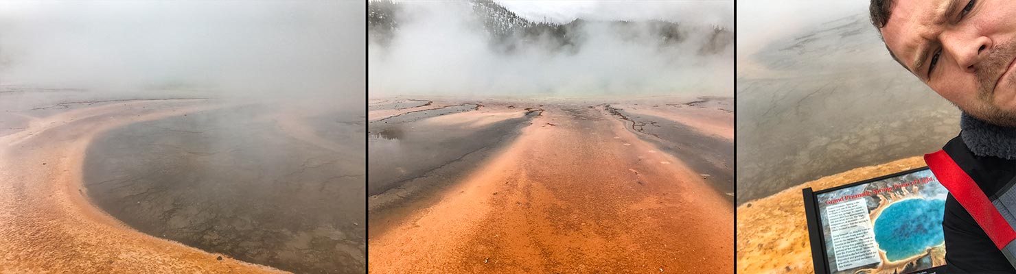 First Visit Yellowstone National Park Grand Prismatic Spring Cloudy Foggy Wet Raining Paul Reiffer Photographer