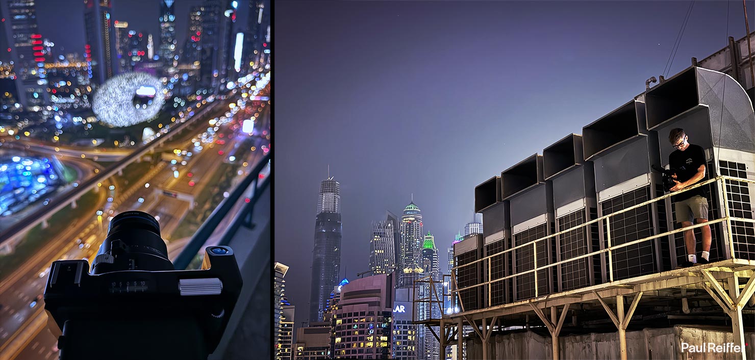 BTS 70mm Phase One XT Rodenstock Tilt Lens Testing Launch Dubai Evoku Filming Brand Content Phase One City Cityscape Lights Night Rooftop Paul Reiffer