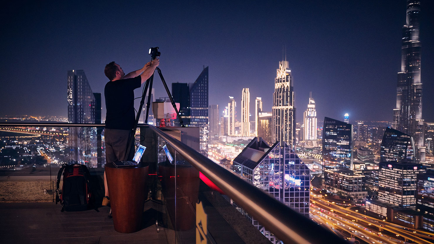 Reaching For Camera Phase One XT Tethering Tethered Cityscape Rooftop Skyscraper Burj Khalifa Sheikh Zayed Road Night Long Exposure Paul Reiffer Apple MacBook Pro M3 Max