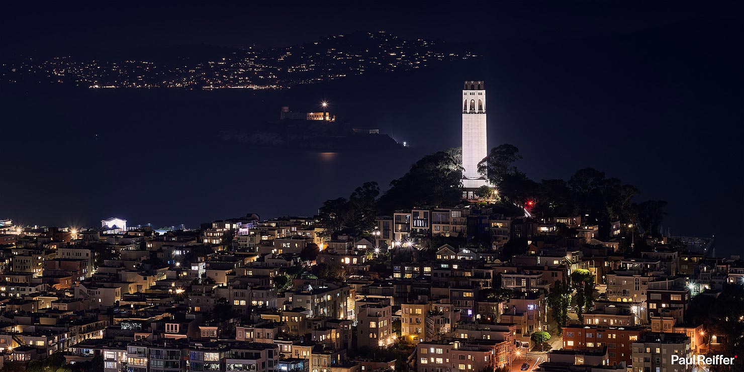 San Francisco Coit Tower Night CROP Close Up Scene Alcatraz Lights City Details Rooftop Cityscape Paul Reiffer Phase One California USA