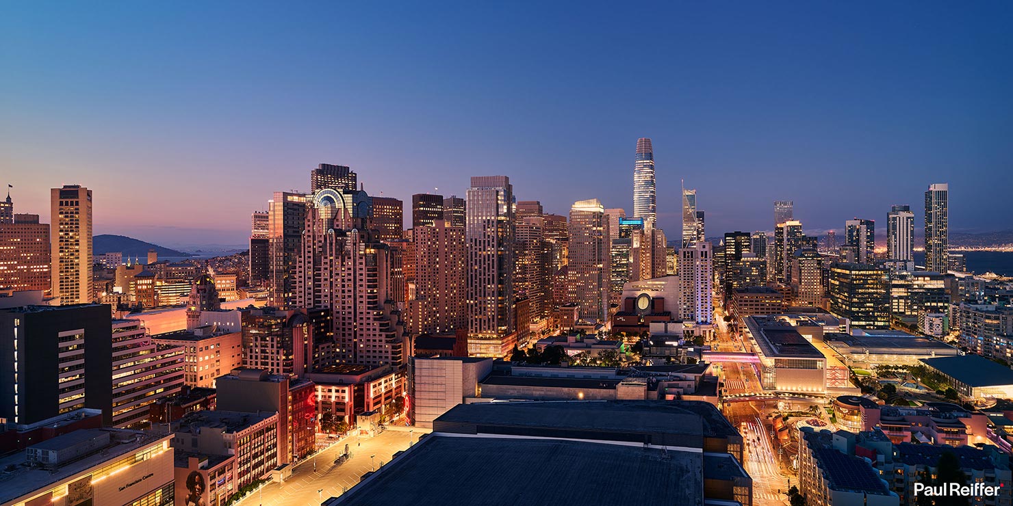 San Francisco InterContinental Blue Hour Stitch Apple Rooftop Rodenstock 32mm Salesforce Tower Marriott W Hotel Downtown Market Mission Howard Paul Reiffer Photographer Cityscape Panoramic