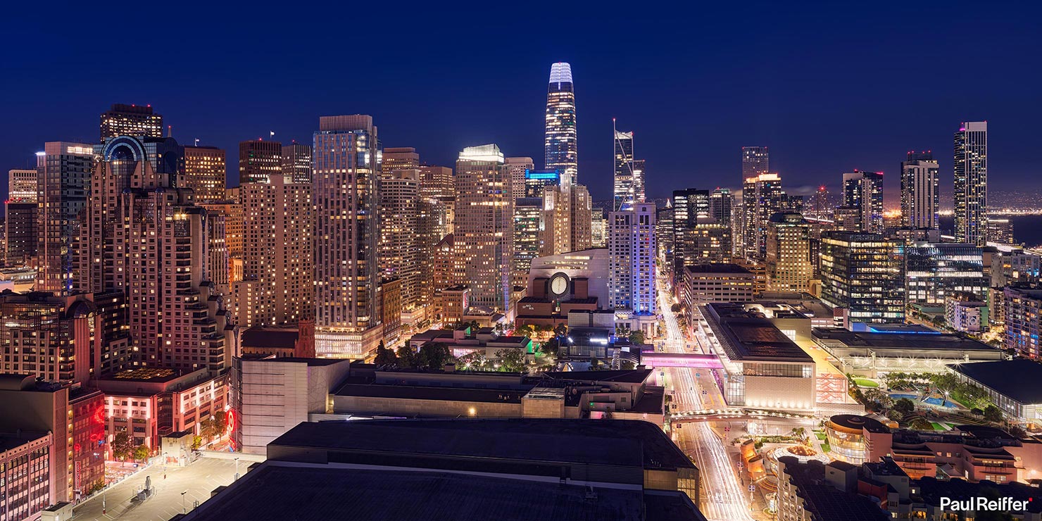 San Francisco InterContinental Night Apple Rooftop Rodenstock 32mm Salesforce Tower Marriott W Hotel Downtown Market Mission Howard Paul Reiffer Photographer Cityscape Panoramic