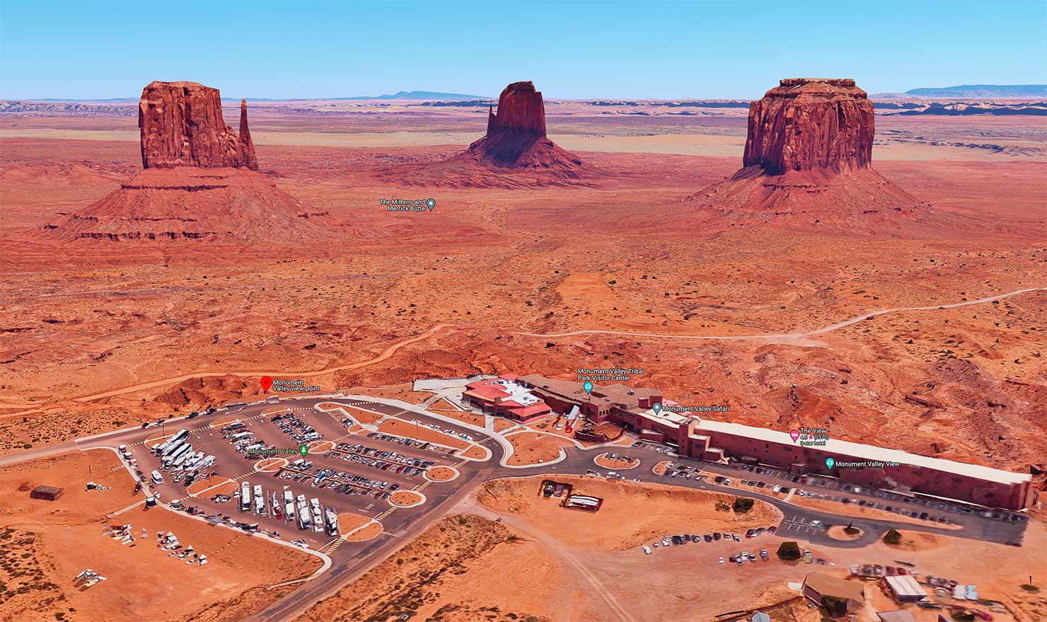 Google Maps 3D Satellite Image Monument Valley View Hotel Utah Arizona Navajo Taylor Rock East West Mitten Merrick Butte Paul Reiffer Guide