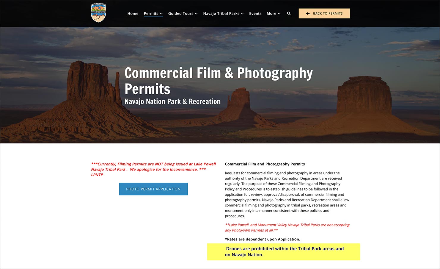 Navajo Nation Permits Commercial Monument Valley No Drones Allowed Banned Apply Professional Business Fee Filming Photography