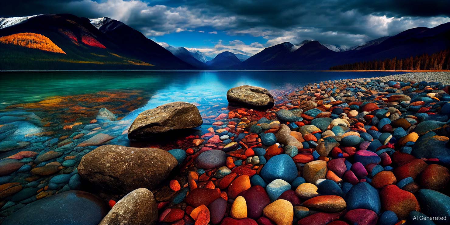 AI Generated Lake McDonald Fake Rainbow Rocks Colours Colors Saturation False Lies Instagram Generative Montana AdobeStock_578363680