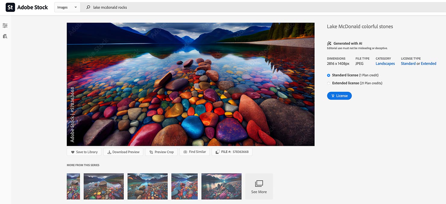 Adobe Stock Selling Generative AI Images Fake National Park Lakes Glacier Lake McDonald Stones Rainbow Colorful Rocks Coloured Instagram False Lies