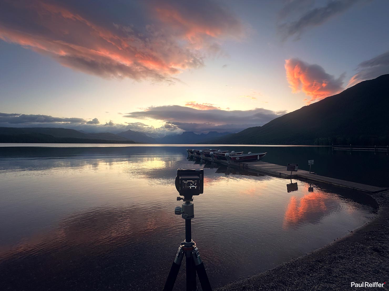 BTS Shooting Lake McDonald Glacier National Park Paul Reiffer Phase One Photographer XT Sunset Sky Clouds Still Water Jetty Behind Scenes Boats