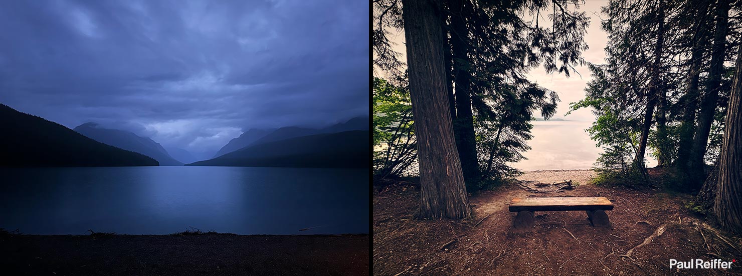 Bowman Lake BTS Behind Scenes iPhone 15 Pro Max First Impressions Paul Reiffer Mountains Glacier National Park Montana Bench Morning Clouds