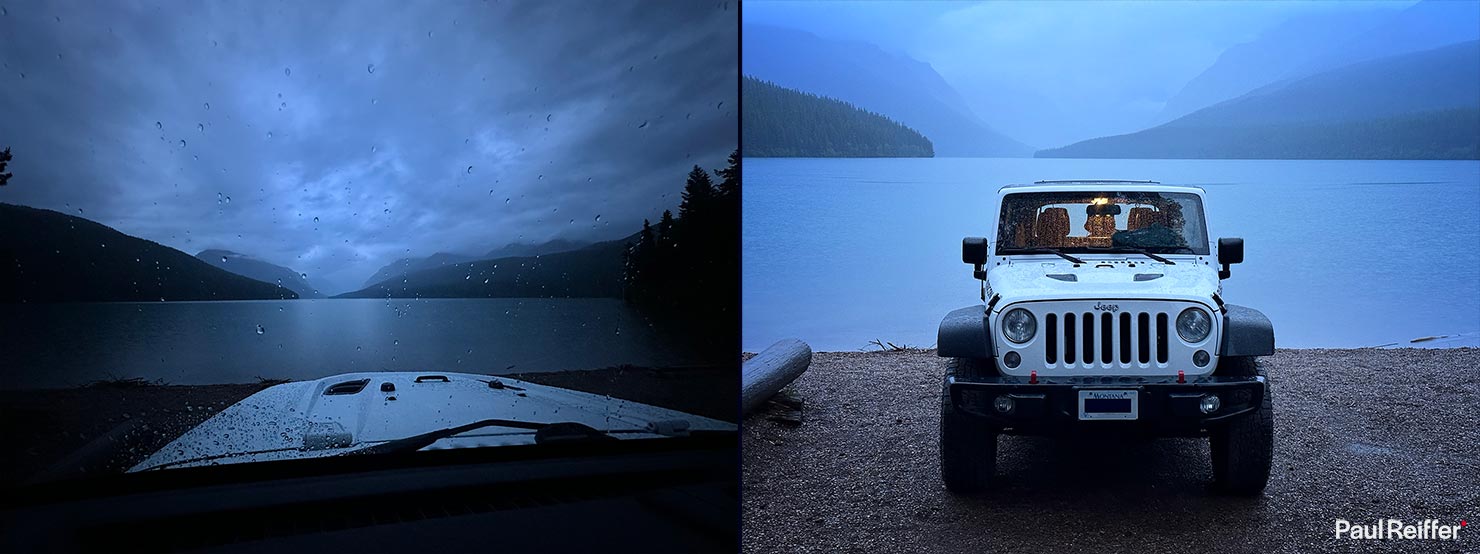 Bowman Lake BTS Jeep 4WD 4x4 Rental Glacier National Park iPhone BTS Landscape Photography Rain Day Campground Sunrise Paul Reiffer