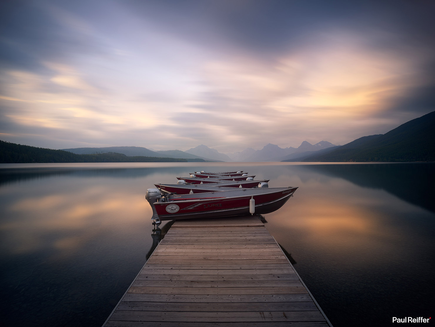 Haven Lake McDonald Still Reflections Boats Mountains Jetty Glacier National Park Montana 4x3 Paul Reiffer Landscape Photographer Photograph Fine Art Print Peaceful Calm Wall Decor P0012267