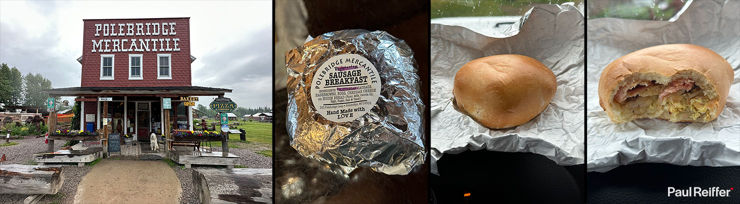 Polebridge Mercantile Breakfast Roll Bread Inside Bacon Egg Cheese Baked Glacier National Park Bowman Lake Drive Remote Photography BTS Paul Reiffer