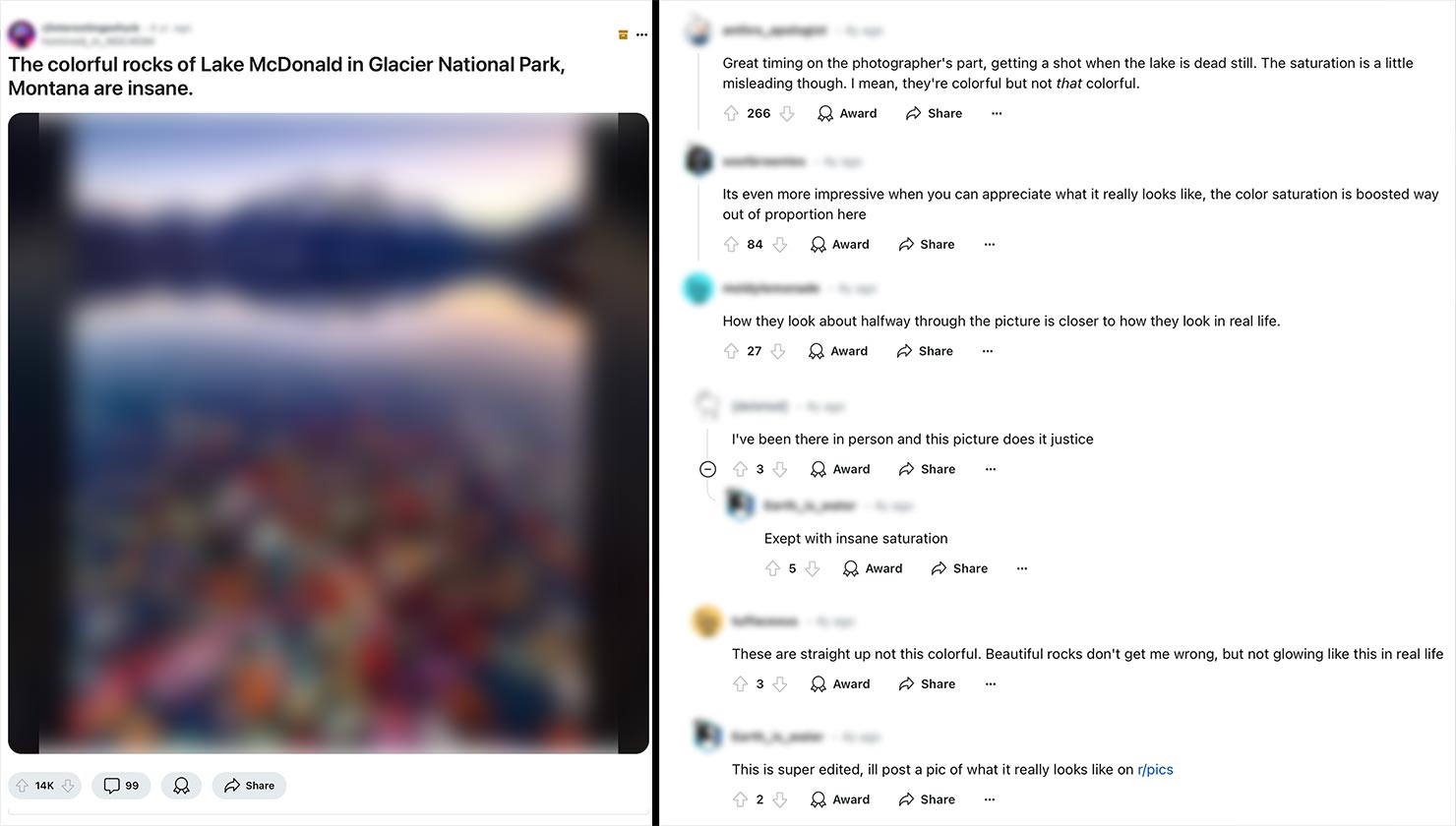 Reddit Screenshot Fake Rainbow Colorful Coloured Rocks Lake McDonald Glacier National Park USA Online Comments Montana Myth