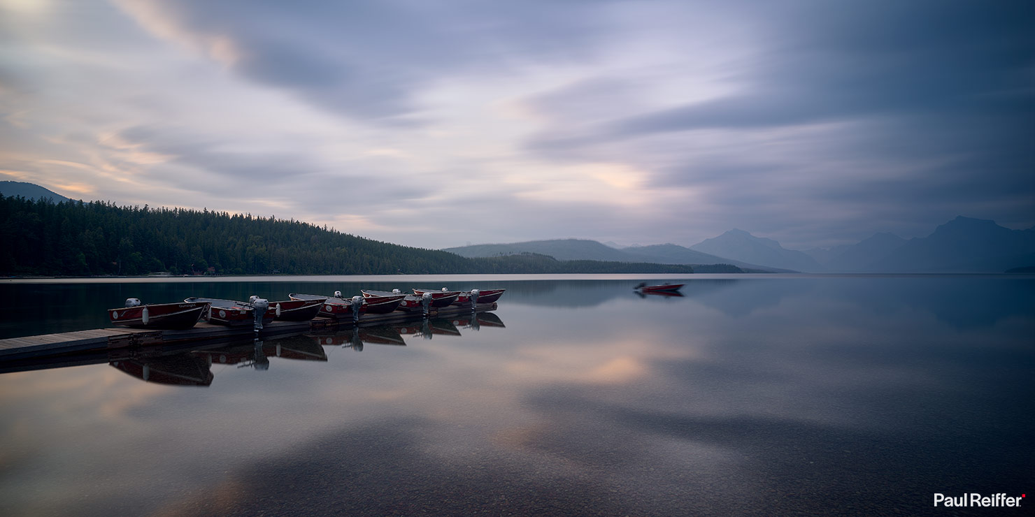 Rogue One Moving Boat Jetty Lake McDonald Glacier National Park Montana Mountains Long Exposure Speedboats Hire Rental Reflection Morning Sunrise P0012271