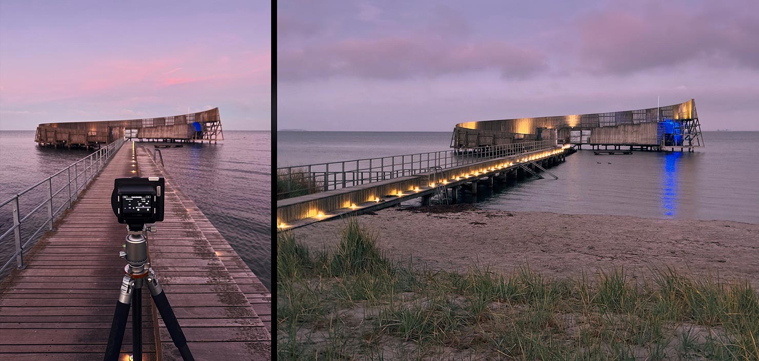 BTS iPhone Shooting Blue Hour Pink Sky Copenhagen Kastrup Sobad Dip Jetty Paul Reiffer Sea Bath Changing Room Denmark Long Exposure Phase One