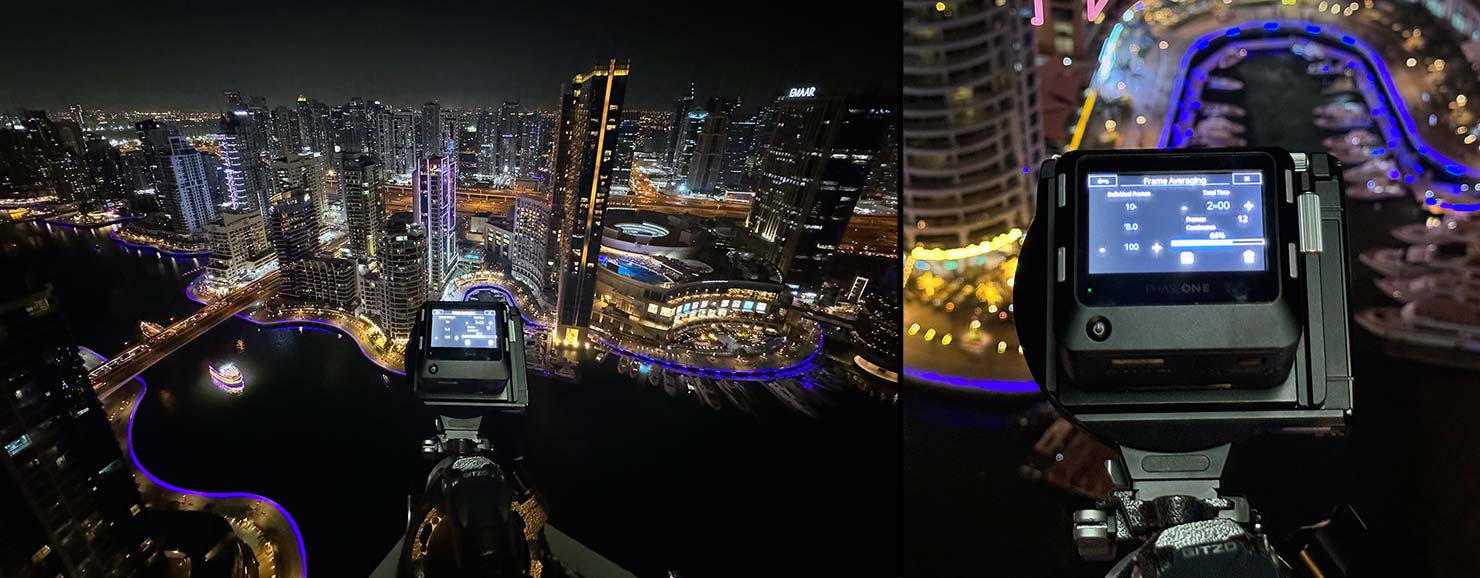 BTS Shooting from rooftops Phase One Gitzo Paul reiffer Dubai Cityscape Above Skyscraper Night Lounge Intercontinental Marina